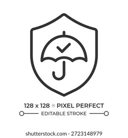 Ícone de linha perfeita de pixel de segurança verificado. Guarda-chuva com um escudo. Medidas de segurança, gestão de riscos. Ilustração isolada de vetor. Símbolo de estrutura de tópicos. Desenho linear simples. Traçado editável