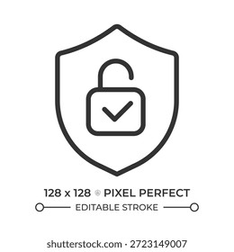 Ícone de linha perfeita de pixel de segurança verificado. Escudo com trava aberta. Acesso seguro, segurança na Internet. Ilustração isolada de vetor. Símbolo de estrutura de tópicos. Desenho linear simples. Traçado editável