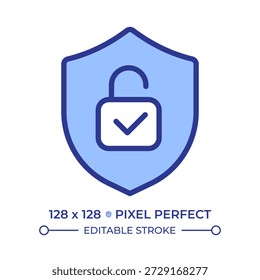 Verified security pixel perfect line color icon. Shield with open lock. Secure access, internet safety. System verification. Isolated vector illustration. Flat colorful symbol design. Editable stroke