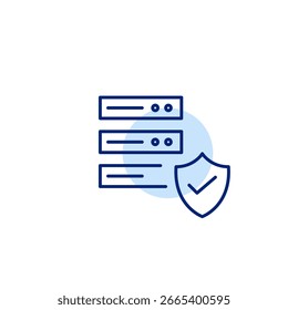 Segurança do servidor verificada, hospedagem de dados confiável, acesso seguro ao servidor, infraestrutura aprovada, informações protegidas. Escudo, marca de seleção. Pixel perfeito, ícone de vetor de traçado editável