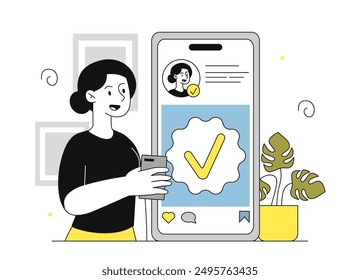 Verified social media account. Woman near smartphone with check mark. Confirmation of identity of popular blogger and content creator. Linear vector illustration isolated on white background