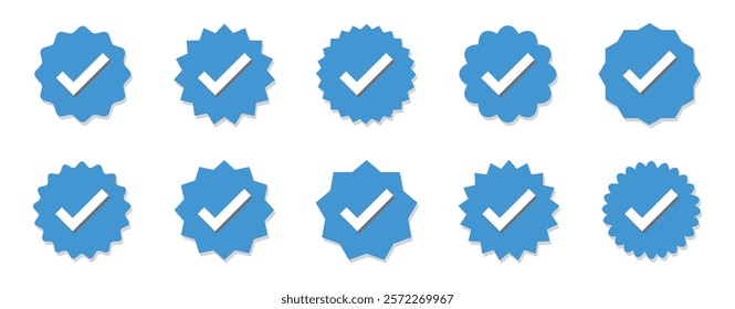 Verified Social Media Badge Icons. Confirmed account icon. Verified account concept icon. Set of right symbol in zig zag style with blue and white color and shadows.