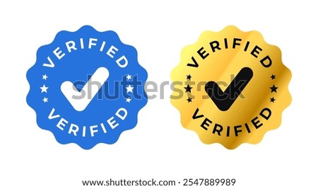 Verified stamp, circle with checklist icon. Blue and gold circle with verified circular text. Vector Illustration