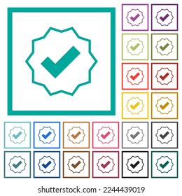 Verified sticker outline flat color icons with quadrant frames on white background