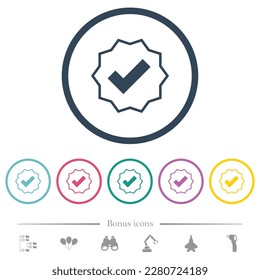 Verified sticker outline flat color icons in round outlines. 6 bonus icons included.