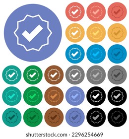 Verified sticker outline multi colored flat icons on round backgrounds. Included white, light and dark icon variations for hover and active status effects, and bonus shades.