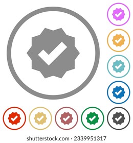 Verified sticker solid flat color icons in round outlines on white background