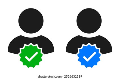 Verified user account icon, check marks set symbol, guaranteed safety person sign, blue green checkmark signs, account verification icon, set verified profile badges