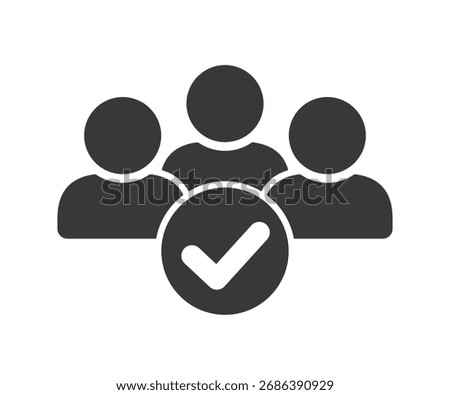 Verified user account icon, check mark symbol, guaranteed safety person sign, account verification icon, verified profile badges, team, community, clients and customers, group of people