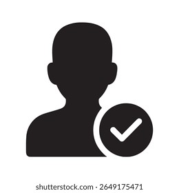 Verified user account icon with a checkmark for approved profile access A glyph symbol for valid authentication granted confirmation and successful personal login
