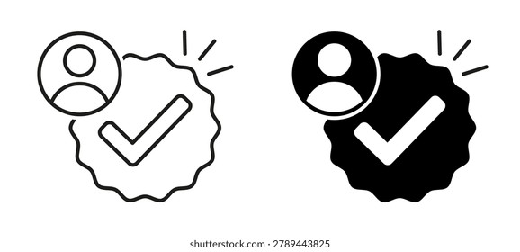 Verified user account marked check mark, guaranteed safety person sign, person avatar verification icon, verified profile badges
