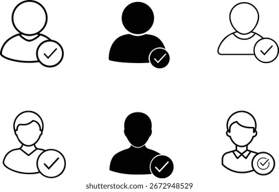 Conjunto de ícones do usuário verificado - Vetores de marca de seleção de perfil, conta e aprovação. Ícones de Verificação de Perfil de Usuário.