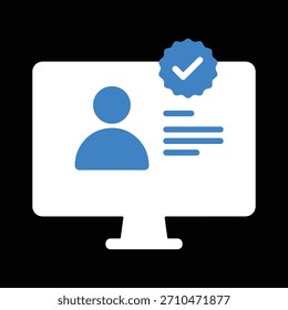 Icono de Perfil de usuario verificado. Insignia azul con una marca de verificación en la pantalla de una computadora que muestra un avatar e información para autenticación, temas de identidad y acceso seguro.
