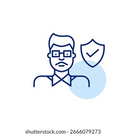 Verified user, trusted profile, secure account, approved identity, protected personal data. Male Indian user, shield and checkmark. Pixel perfect, editable stroke vector icon