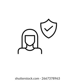 Usuário verificado, perfil confiável, conta segura, identidade aprovada, dados pessoais protegidos. Usuário feminino, escudo e marca de seleção. Pixel perfeito, ícone de vetor de traçado editável