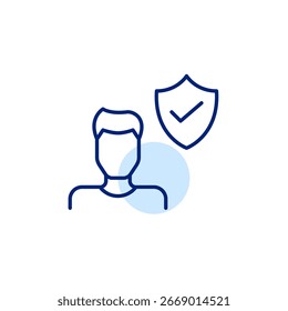 Usuário verificado, perfil confiável, conta segura, identidade aprovada, dados pessoais protegidos. Usuário masculino, escudo e marca de seleção. Pixel perfeito, ícone de vetor de traçado editável