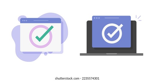 Verified valid completed check mark icon vector online, vote quiz test exam checkmark concept on laptop computer pc screen, internet web digital online enroll poll graphic, survey task list idea