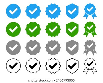Icono vectorial verificado. colección de perfiles de insignias verificados. icono de verificación de cuentas de medios sociales. sello garantizado de la insignia verificada.