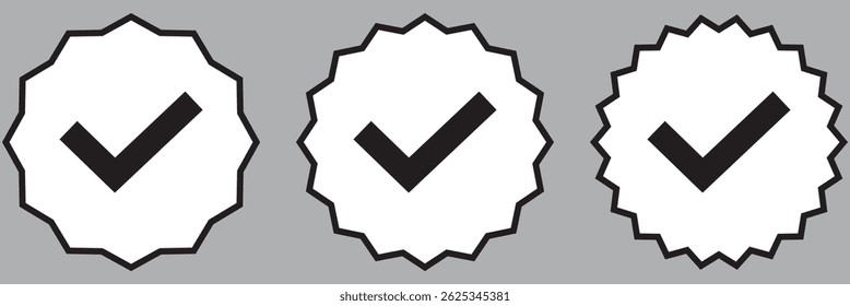 Verified vector icon set, Isolate Identify symbol, Approve icon, Check mark sticker and graphic elements. Social media account verification icons.