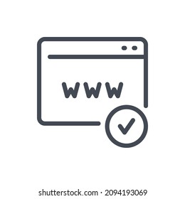 Verified website line Symbol. Webseite mit WWW und Kontrollzeichen in Kreis Vektor Umrisszeichen.