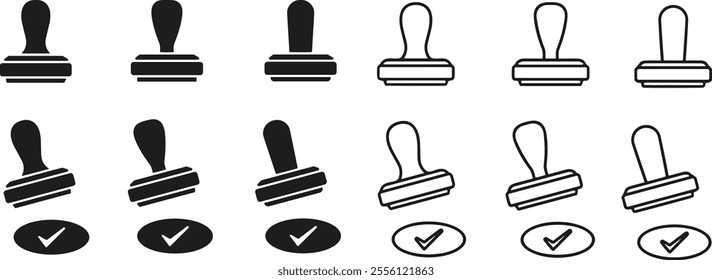 Verify or Approval stamp, Set of stamps icons. imprint. Stamper, watermark. Ink pad sign. Rubber icon. Permission, vector.