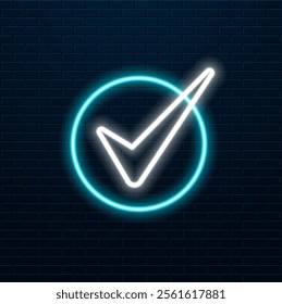 Verify check icon with bright glowing futuristic orange neon lights on black background. 3D icon, sign and symbol. Cartoon minimal style. 3D render illustration.