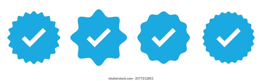 Verify icon stamp. Blue flat star shape stickers. Verified badge profile set. Social media account verification icons isolated on white background. Vector illustration.