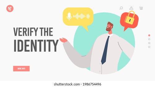 Compruebe la plantilla de la página de inicio de identidad. Sistema de reconocimiento de voz de personajes de negocios, acceso a perfiles en Internet, acceso a autenticación, seguridad, verificación segura. Ilustración del vector de dibujos animados