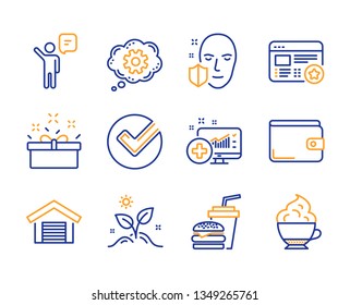 Verify, Present box and Medical analytics icons simple set. Grow plant, Hamburger and Parking garage signs. Cogwheel, Favorite and Agent symbols. Line verify icon. Colorful set. Editable stroke