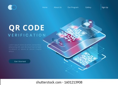 Verify the QR code using the app on a smartphone with the concept of isometric landing pages and web headers