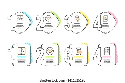 Verify, Reject certificate and Puzzle icons simple set. Checklist sign. Selected choice, Decline file, Engineering strategy. Data list. Technology set. Infographic timeline. Line verify icon. Vector