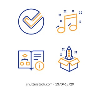 Verify, Technical algorithm and Musical note icons simple set. Startup sign. Selected choice, Project doc, Music. Innovation. Education set. Linear verify icon. Colorful design set. Vector