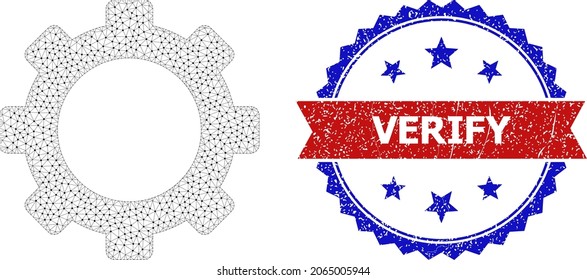Verify textured seal print, and gear icon mesh model. Red and blue bicolor seal has Verify text inside ribbon and rosette. Abstract flat mesh gear, created from flat mesh.