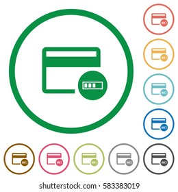 Verifying credit card flat color icons in round outlines on white background
