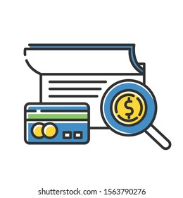 Verifying credit history color icon. Examining personal loan payment. Financial report. Economy business. Investment, budget graph. Bank insurance state. Isolated vector illustration