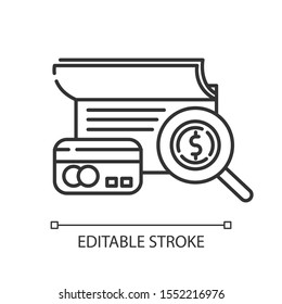 Verifying credit history linear icon. Examining personal loan payment. Financial report. Budget graph. Thin line illustration. Contour symbol. Vector isolated outline drawing. Editable stroke