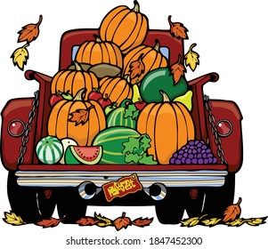 A veritable cornucopia the back of this classic truck has all sorts of autumnal produce.  This illustration contains the back of a vintage truck filled with autumn produce like pumpkins. 