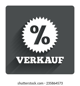 Verkauf - Sale in German sign icon. Star with percentage symbol. Gray flat square button with shadow. Modern UI website navigation. Vector