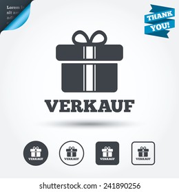 Verkauf - Sale in German sign icon. Gift box with ribbons symbol. Circle and square buttons. Flat design set. Thank you ribbon. Vector