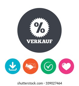 Verkauf - Sale in German sign icon. Star with percentage symbol. Download arrow, handshake, tick and heart. Flat circle buttons.