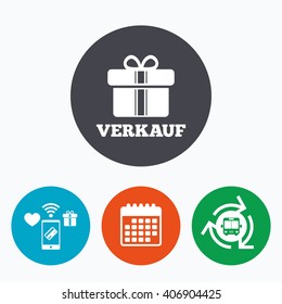 Verkauf - Sale in German sign icon. Gift box with ribbons symbol. Mobile payments, calendar and wifi icons. Bus shuttle.