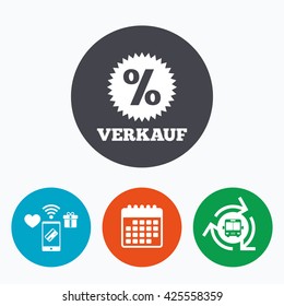 Verkauf - Sale in German sign icon. Star with percentage symbol. Mobile payments, calendar and wifi icons. Bus shuttle.