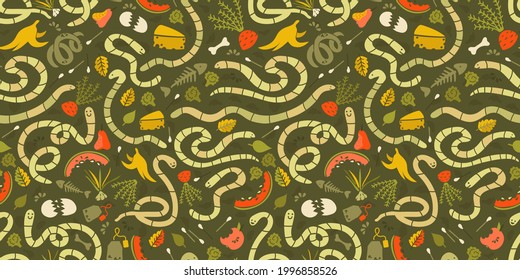 Vermi composting seamless pattern with funny worms characters. Green color palette. Trash and food scraps, leftovers. Cartoon humour vector print. Eco design.