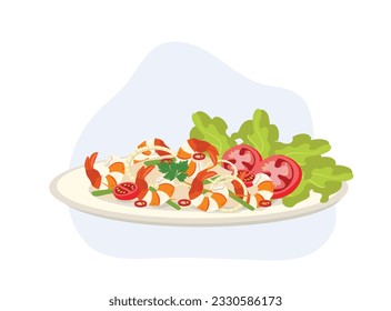 Vermicelli and shrimp salad, a popular Thai salad. Spicy Thai food. cartoon vector illustration