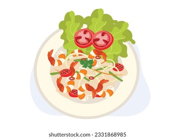 Vermicelli and shrimp salad, a popular Thai salad. Spicy Thai food. Top view. cartoon vector illustration