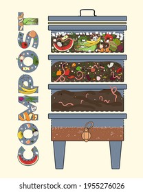 Vermicomposter and compost worms. Vermicomposter schematic design, worm composting. Recycling organic waste. Sustainable living, zero waste concept. Hand drawn vector illustration. 