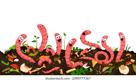 Vermicomposting. Cartoon earth worm characters in compost humus soil. Farming earthworm soil compost, agriculture organic waste recycling vector background with worms cheerful personages in humus