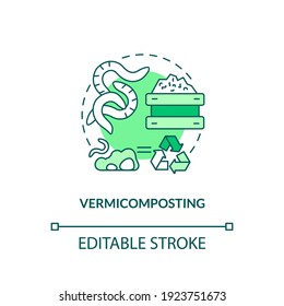 Icono de concepto de vermicompostaje. Ilustración de la idea de método de compostaje en línea delgada. Vermin-compost. Preparación de compost enriquecido. Usando gusanos. Dibujo de color RGB con contorno aislado del vector. Trazo editable