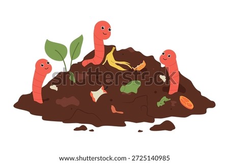 Vermicomposting Process with Earthworms and Organic Matter Illustration. Illustration showing the vermicomposting process where red earthworms break down food scraps into rich, dark compost soil