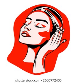 Vermilion Red Pop Art Female Face Illustration for Modern Art Decor, Vector Design, Isolated